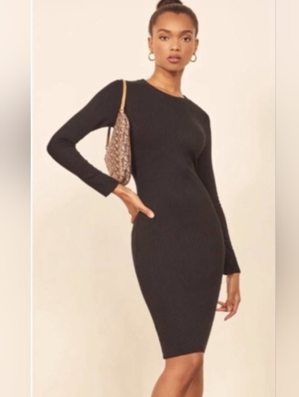 Reformation Black Small Ribbed Long-Sleeve Bodycon Dress
